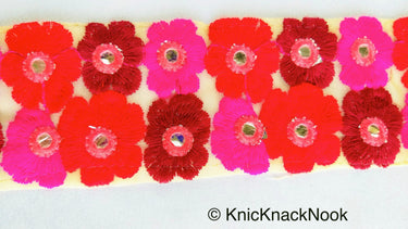 Beige Net Lace Trim In Maroon, Red, Fuchsia Pink And Pink Floral Embroidery And Mirror Embellishments